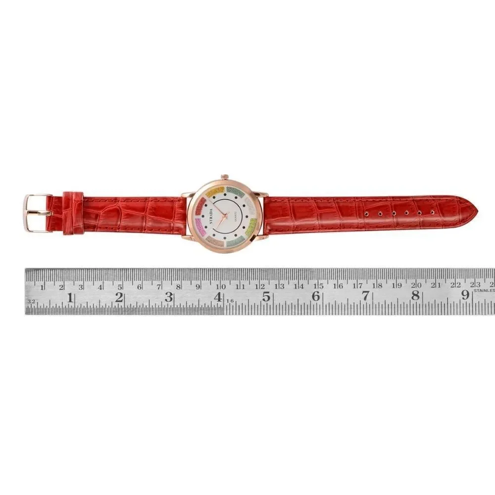 STRADA Watch Faux Red Leather Band Stainless